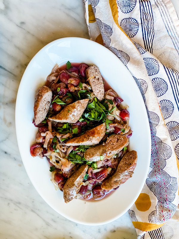 Annie Diamond's Roasted Sausages With Grapes and Onion Recipe
