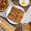 Breakfast Sausage in a plate with egg, toast and Potato skillet.