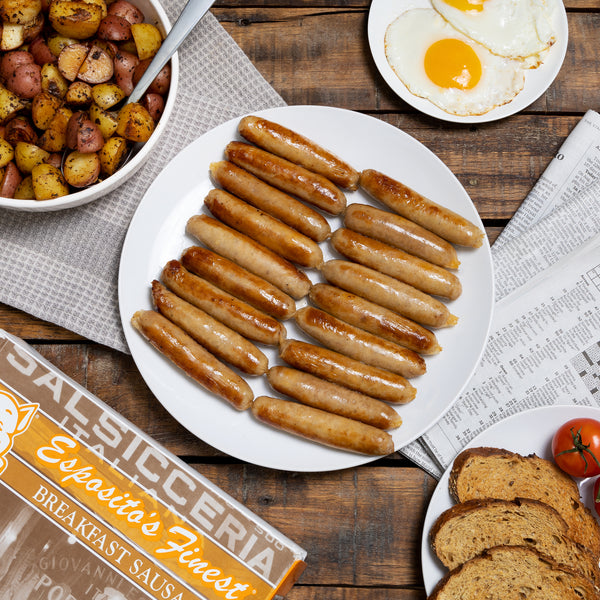 Breakfast Sausage in a plate with egg, toast and Potato skillet.