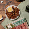 fried sausage slices with dipping sauce.